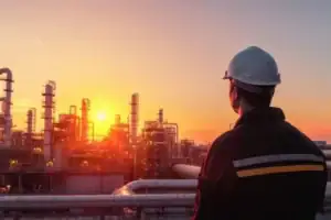Engineer overseeing refinery operations using IoT in oil and gas industry to improve efficiency, safety, and real-time monitoring of production assets.
