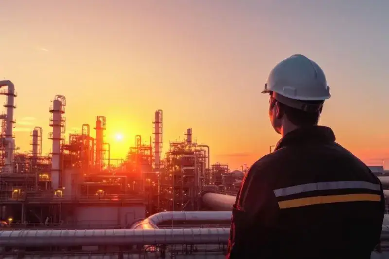 Engineer overseeing refinery operations using IoT in oil and gas industry to improve efficiency, safety, and real-time monitoring of production assets.